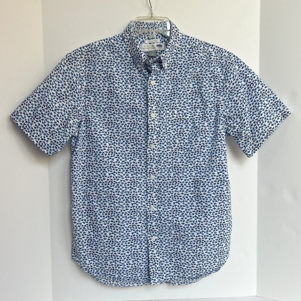 OLD NAVY Men's M Button Down Short Sleeve Shirt White w/Blue Print EUC Retro